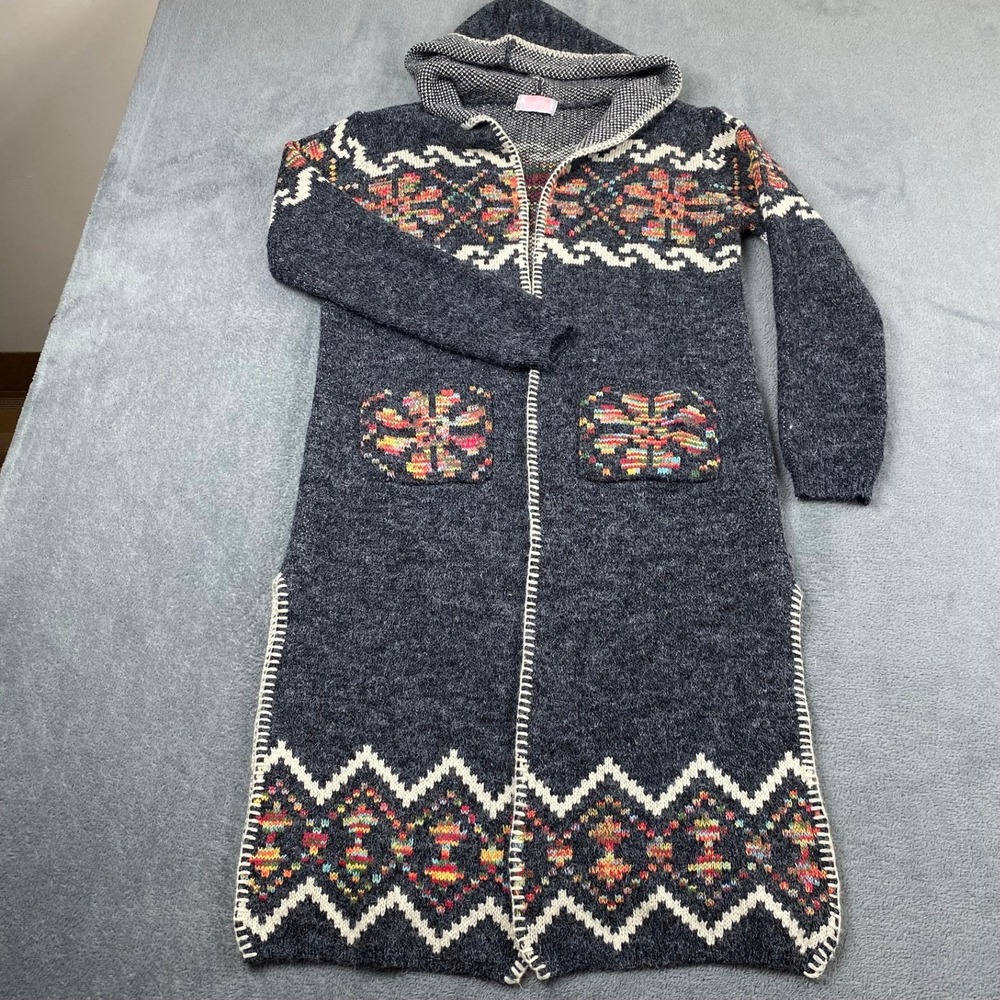 C+D+M Women Large Cardigan Charcoal Multi Fair Isle Hooded Open Front Longline